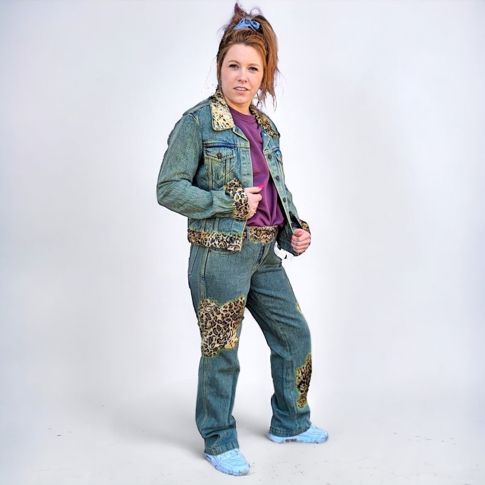Y2K Newport News Jeans and Denim Jacket Set Cheetah Patchwork Grunge Size 6/8